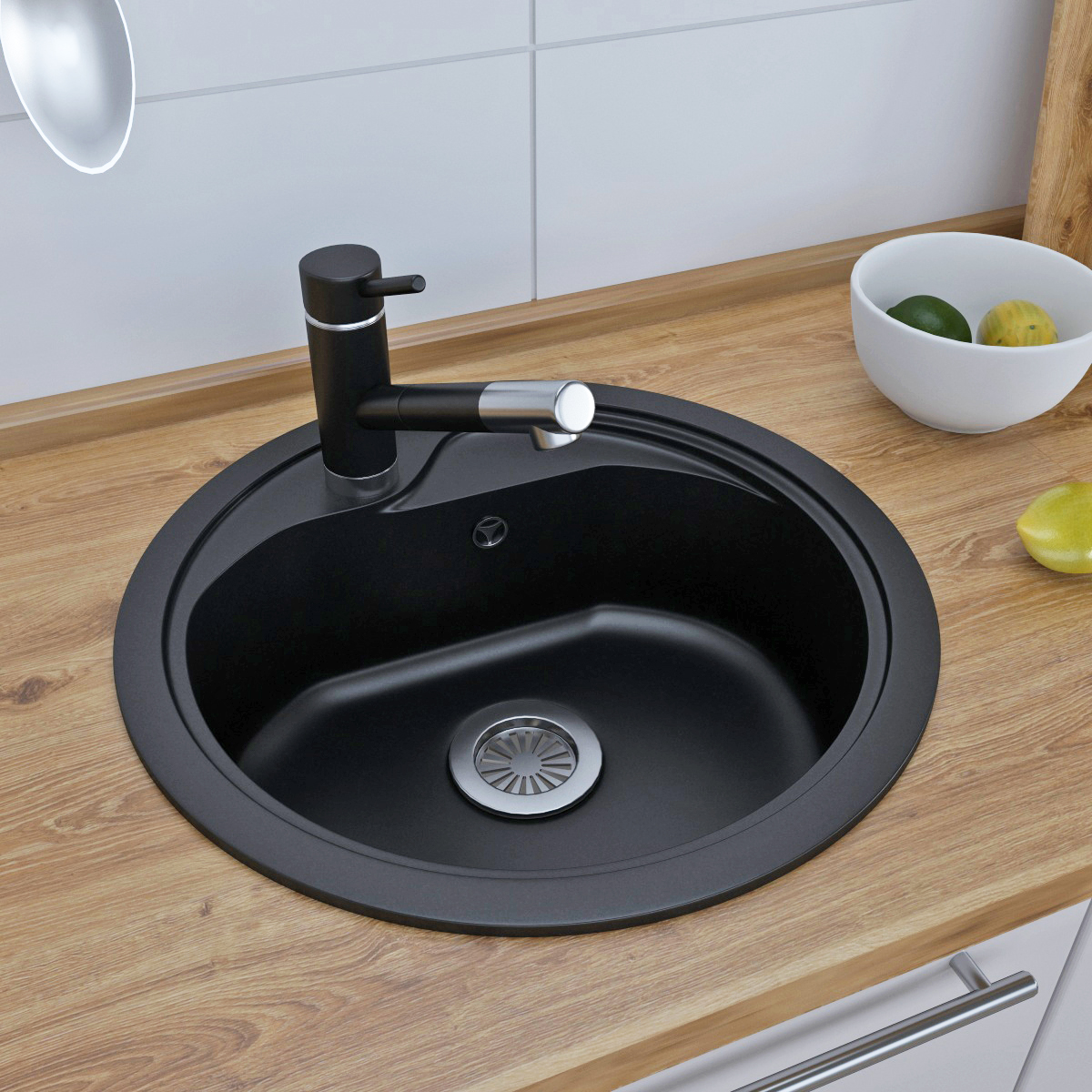 Мойка для кухни GranAlliance G-13-308 круглая 44х44 глуб. 18см вып. 3 1/2  (врезная) чёрная – купить в Тольятти по цене 3 460 р. в интернет-магазине  ванна.рф